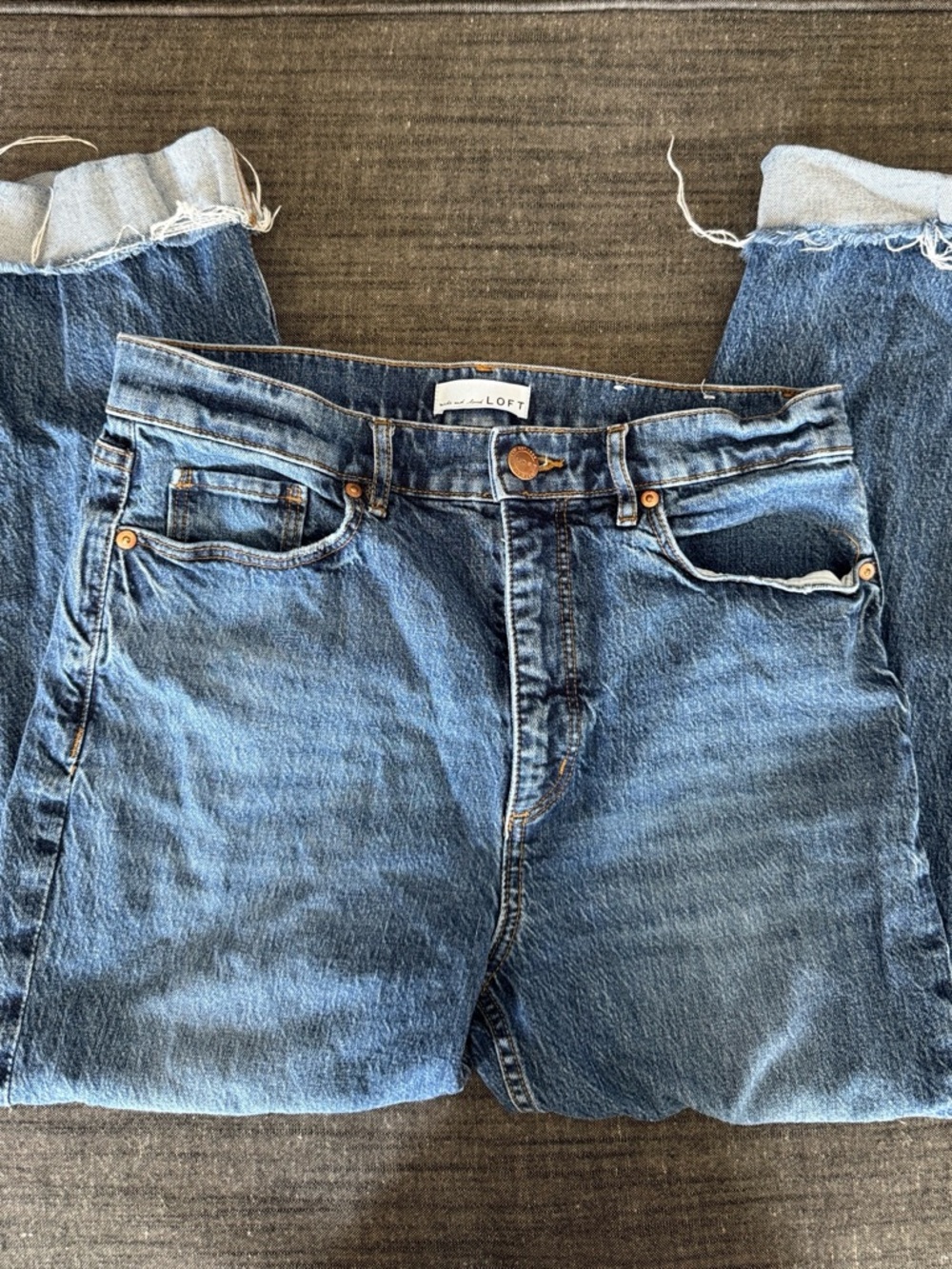 LOFT Medium Blue Denim High-Rise Straight crop Jeans with Copper Button